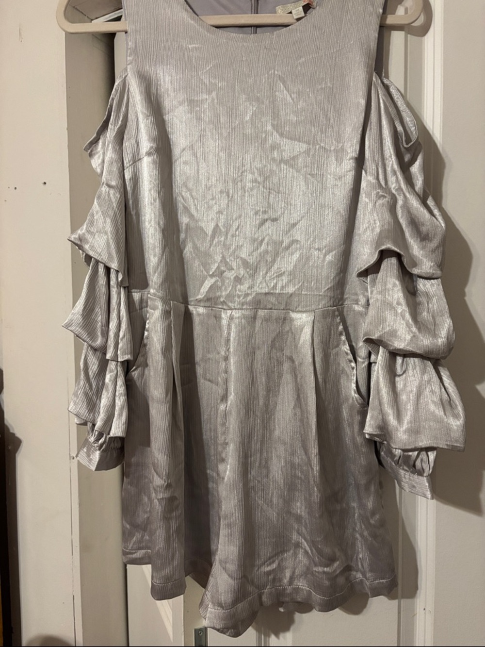 GB girls Silver Cold-Shoulder Ruffle Romper
